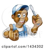 Clipart Of A Cartoon Happy Black Male Electrician Holding A Screwdriver And Giving A Thumb Up Royalty Free Vector Illustration