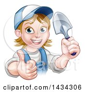 Poster, Art Print Of Cartoon Happy White Female Gardener In Blue Holding A Garden Trowel And Giving A Thumb Up