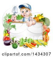 Cartoon Happy White Female Gardener In Blue Holding A Garden Trowel And Giving A Thumb Up Over A White Sign With Produce