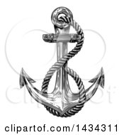 Clipart Of A Black And White Retro Woodcut Or Engraved Anchor And Rope Royalty Free Vector Illustration
