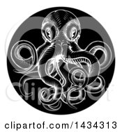 Clipart Of A Black And White Woodcut Vintage Octopus In A Black Circle Royalty Free Vector Illustration by AtStockIllustration