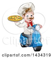 Poster, Art Print Of Cartoon Happy White Male Chef Holding A Pizza On A Scooter