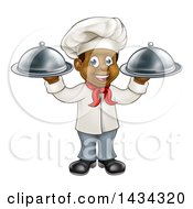 Clipart Of A Happy Young Black Male Chef Holding Two Cloche Platters Royalty Free Vector Illustration