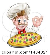 Poster, Art Print Of Cartoon Happy White Male Chef Gesturing Perfect And Holding Up A Pizza