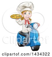 Cartoon Happy White Female Chef Holding A Pizza On A Scooter