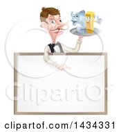 Clipart Of A White Male Waiter With A Curling Mustache Holding Fish And A Chips On A Tray And Pointing Down Over A Menu Royalty Free Vector Illustration