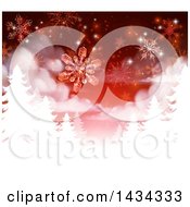 Poster, Art Print Of Red Christmas Background With Falling Snowflakes Over White Silhouetted Evergreen Trees
