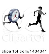 Clipart Of A Silhouetted Woman Sprinting Before A Clock Character Royalty Free Vector Illustration