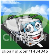 Poster, Art Print Of Cartoon Happy Big Rig Lorry Truck Mascot On A Country Road