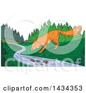 Poster, Art Print Of Sketched Fox Drinking From A Creek