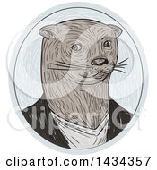 Clipart Of A Sketched Otter Wearing A Shirt In An Oval Royalty Free Vector Illustration