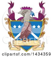 Clipart Of A Sketched Owl On A Crest Shield With A Knight Helmet And Banner Royalty Free Vector Illustration