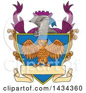 Poster, Art Print Of Sketched Owl On A Crest Shield With A Knight Helmet And Banner
