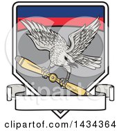 Clipart Of A Shrike Bird Flying With A Propeller Blade In A Shield Royalty Free Vector Illustration