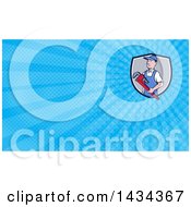 Clipart Of A Retro Cartoon White Male Plumber Or Handy Man Holding A Monkey Wrench And Blue Rays Background Or Business Card Design Royalty Free Illustration