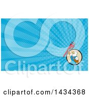 Clipart Of A Cartoon Bald Eagle Plumber Man Up Holding A Monkey Wrench And Blue Rays Background Or Business Card Design Royalty Free Illustration