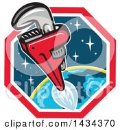 Clipart Of A Pipe Monkey Wrench Rocket In Flight Over Earth Royalty Free Vector Illustration by patrimonio