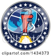 Clipart Of A Pipe Monkey Wrench Rocket In Flight Near Earth In A Circle Of Stars Royalty Free Vector Illustration by patrimonio