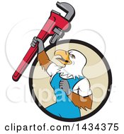 Poster, Art Print Of Cartoon Bald Eagle Plumber Man Holding Up A Pipe Monkey Wrench Emerging From A Black And Tan Circle