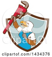Poster, Art Print Of Cartoon Bald Eagle Plumber Man Holding Up A Pipe Monkey Wrench Emerging From A Shield