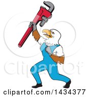 Poster, Art Print Of Cartoon Bald Eagle Plumber Man Holding Up A Pipe Monkey Wrench