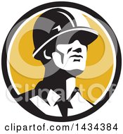 Retro Male Foreman Or Builder Wearing A Hardhat And Looking Forward In A Black White And Yellow Circle