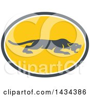 Poster, Art Print Of Retro Black Panther Big Cat Stalking In A Gray White And Yellow Oval