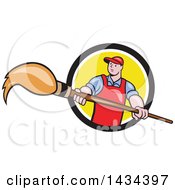 Poster, Art Print Of Retro Cartoon White Male Artist Holding A Giant Paintbrush In A Black White And Yellow Circle