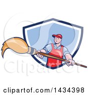 Clipart Of A Retro Cartoon White Male Artist Holding A Giant Paintbrush In A Blue And White Shield Royalty Free Vector Illustration by patrimonio