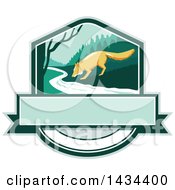 Poster, Art Print Of Retro Sketched Fox Drinking From A Creek In A Shield