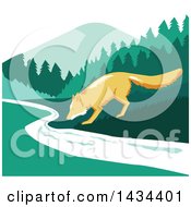 Poster, Art Print Of Retro Sketched Fox Drinking From A Creek
