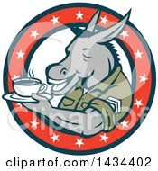 Poster, Art Print Of Retro Cartoon Army Sergeant Donkey Holding A Cup Of Coffee On A Saucer In A Circle Of Stars