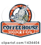 Poster, Art Print Of Retro Cartoon Army Sergeant Donkey Holding A Cup Of Coffee On A Saucer In A Circle Of Stars Over Text