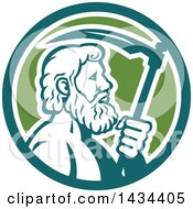 Clipart Of A Retro Greek God Cronus Or Kronos Holding A Scythe In A Teal White And Green Circle Royalty Free Vector Illustration