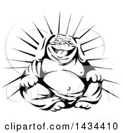 Clipart Of A Retro Black And White Laughing Buddha Bulldog Royalty Free Vector Illustration by patrimonio