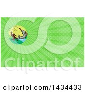 Clipart Of A Retro Silhouetted Man Reeling In A Hooked Salmon Fish In A Circle With A River And Green Rays Background Or Business Card Design Royalty Free Illustration