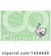 Poster, Art Print Of Cartoon Bald Eagle Mechanic Man Holding Up A Spanner Wrench And Green Rays Background Or Business Card Design