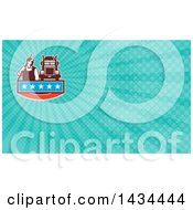 Clipart Of A Retro Male Pressure Washer Worker Standing With A Wand Over His Shoulder And Big Rig Trucks Over A Banner With Stars And Turquoise Rays Background Or Business Card Design Royalty Free Illustration