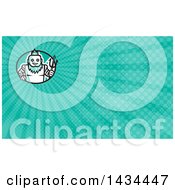Retro Robotic Poseidon Holding A Trident And Turquoise Rays Background Or Business Card Design