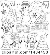 Poster, Art Print Of Black And White Lineart Snowmen And Christmas Items