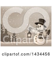 Poster, Art Print Of Sepia Toned Snowman Holding A Lantern In The Snow