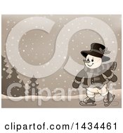 Poster, Art Print Of Sepia Toned Snowman Ice Skating In The Snow