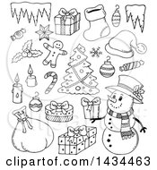 Poster, Art Print Of Black And White Lineart Christmas Items