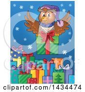 Festive Owl Flying With A Christmas Gift Over Presents