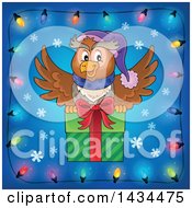 Poster, Art Print Of Festive Owl Flying With A Christmas Gift In A Border Of Lights