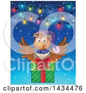 Clipart Of A Festive Owl Flying With A Christmas Gift Under Lights Royalty Free Vector Illustration