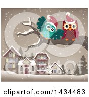 Clipart Of Christmas Owls On A Branch Over A Village Royalty Free Vector Illustration
