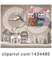 Christmas Owls On A Branch Over A Village