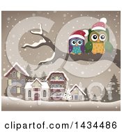 Clipart Of Christmas Owls On A Branch Over A Village Royalty Free Vector Illustration by visekart