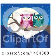 Poster, Art Print Of Pair Of Owls Perched On A Branch Against A Forest And Full Moon